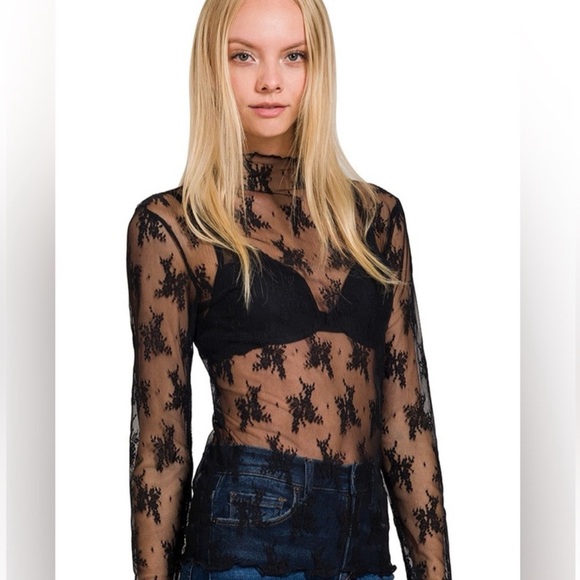 Tops - Black Embroidered Lace Long Sleeve Top